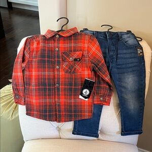 Volcom Toddler Boys Plaid Flannel Shirt & Jeans Set 24M Red Black NEW